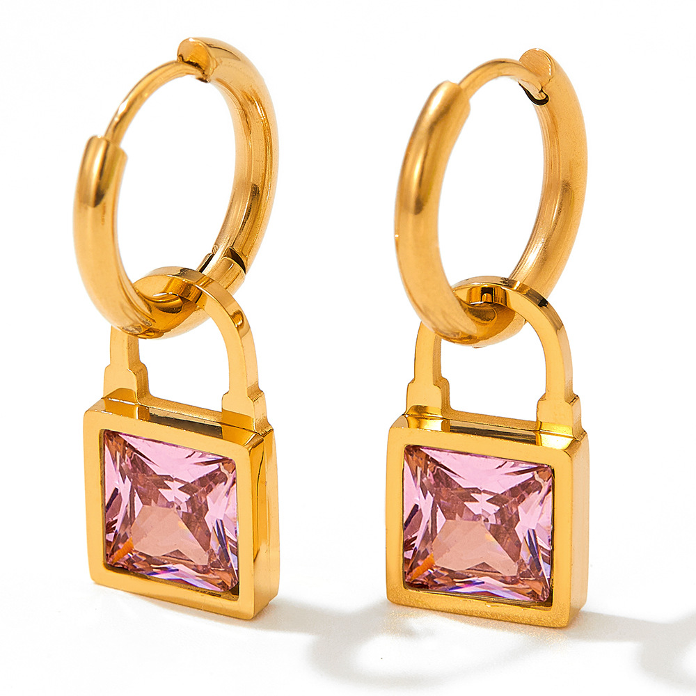 Retro Lock Stainless Steel Inlay Zircon Drop Earrings 1 Pair