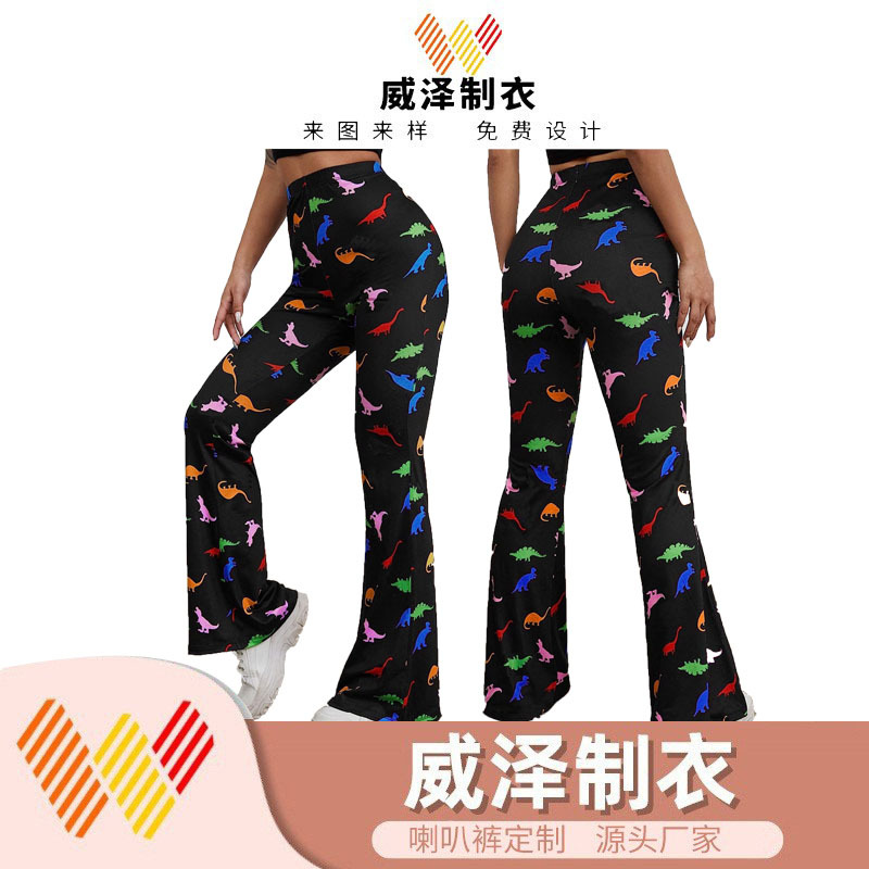 European and American Cross-Border Amazon Long Bell-Bottom Pants New Street Style Dinosaur Print High-Waisted High-Elastic Pants for Women in Stock