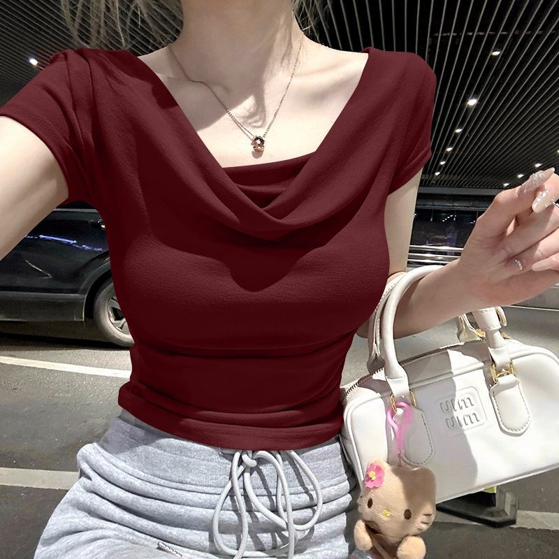 Jinbukang Single/Two-Piece Design One-Shoulder Top Slim Fit Asymmetrical T-Shirt Pure Color Retro Swing Collar Summer Short