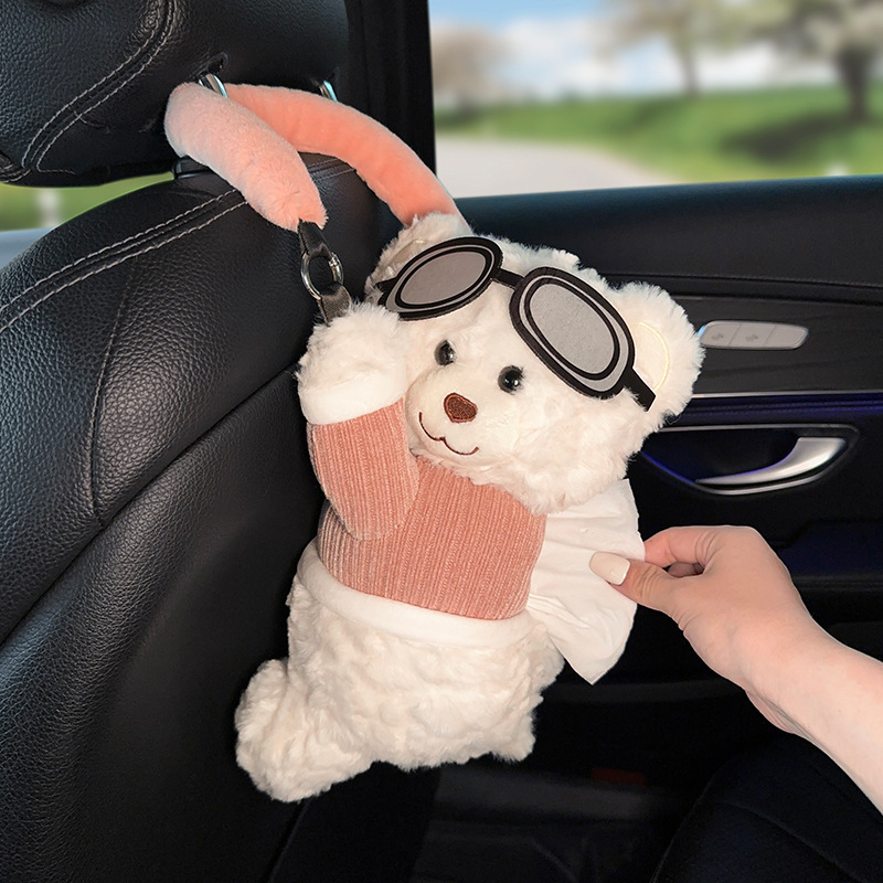2025 New Model Car Tissue Box Hanging Type Car Tissue Holder Cute Bear Doll Car Tissue Hanging Bag