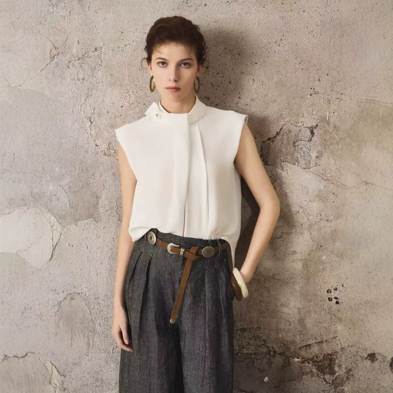 Aino Acetate Fiber 26 Summer New Style Elegant Chiffon Shirt with Ribbon Decoration and Button, Sleeveless White Blouse for Women 301