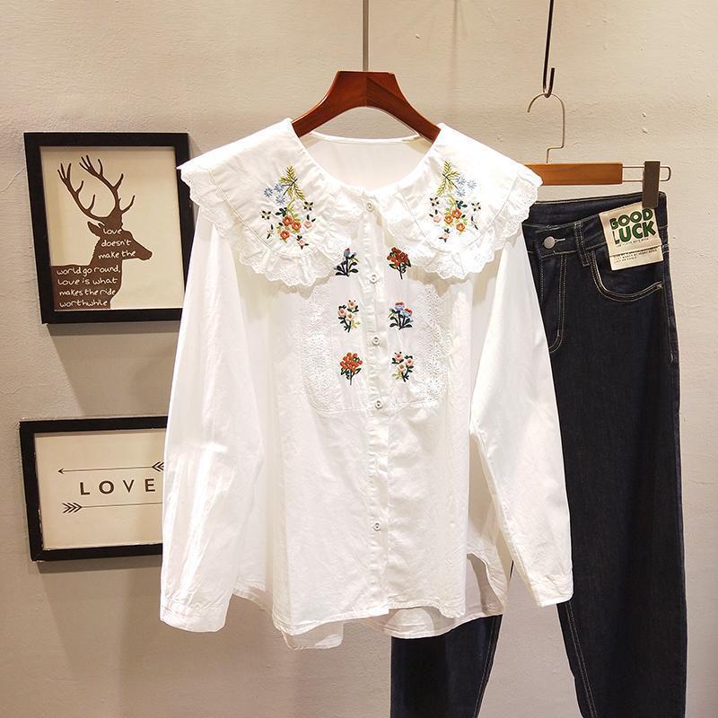 太った大きいサイズの300斤の重工の刺繍はレースの子供の襟の長袖のシャツの女性の春秋の甘い年齢のシャツをつなぎ合わせます。|undefined