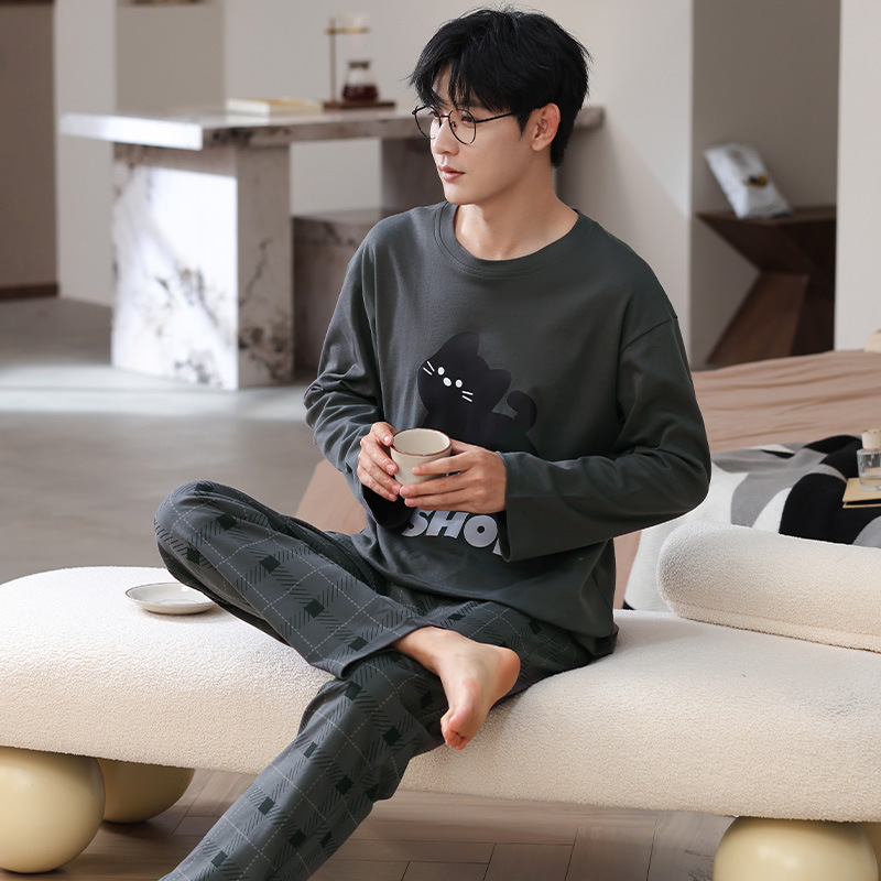 Chunke pijamas para hombre con cuello redondo, traje de primavera y otoño, servicio a domicilio informal, pijamas para hombre, traje de otoño para uso exterior