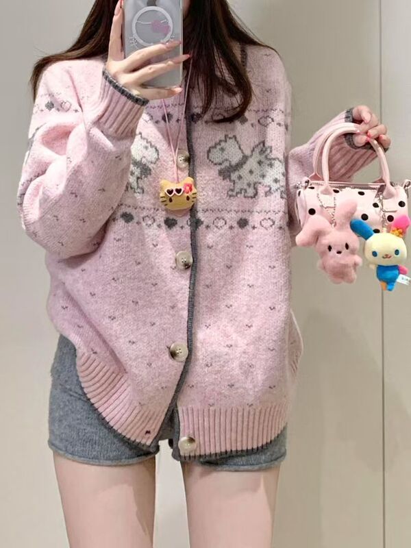 韩系氛围感费尔岛毛衣外套女2025秋季小狗提花针织开衫软糯上衣潮|undefined