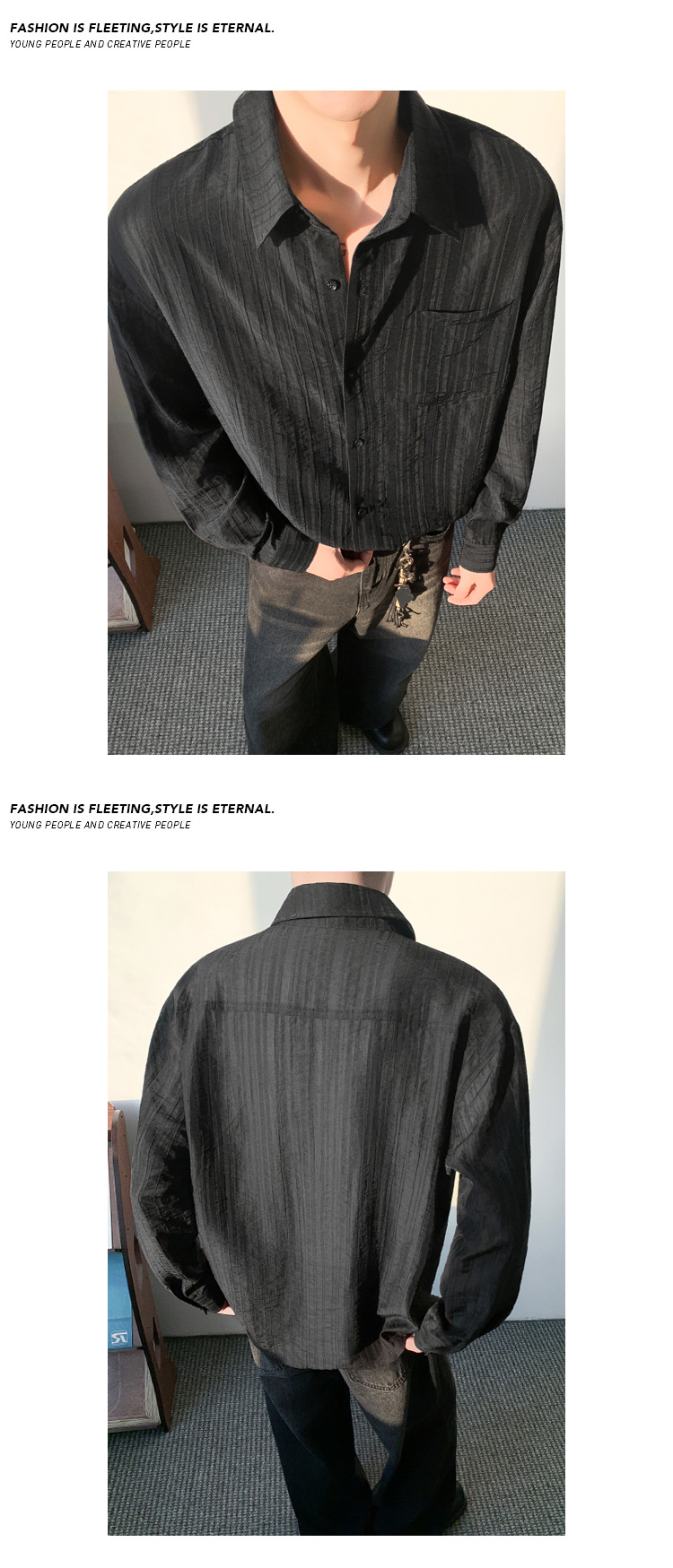 Retro Textured Men's Shirt With Collar And Long Sleeves Solid_voghion.com