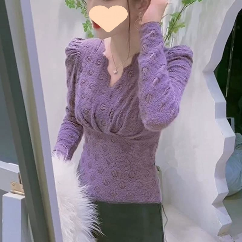 [2025 春季新款洋气小衫紫色内搭蕾丝衫女V领高级感打底衫内穿上衣]