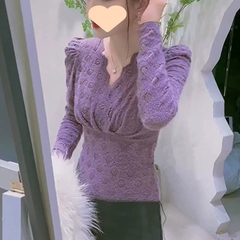[2025 春季新款洋气小衫紫色内搭蕾丝衫女V领高级感打底衫内穿上衣]