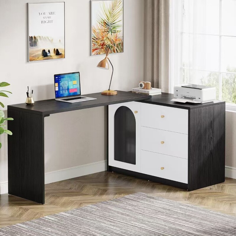 Cross-Border E-Commerce Modern L-Shaped Desk with Drawers, Reversible Storage Cabinet Suitable for Home Office