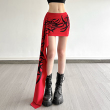 2025夏季新款欧美跨境潮流个性红黑配色小飘带百搭包臀性感小短裙