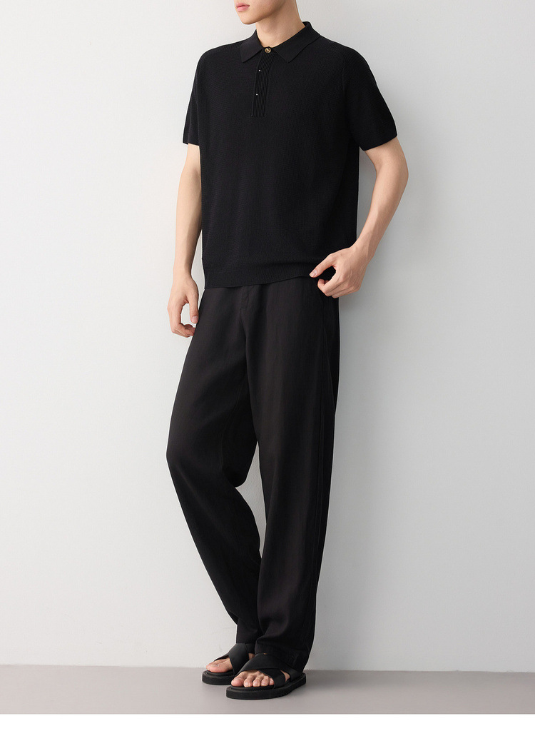 Áo polo nam tay ngắn phong cách cổ điển chất liệu linen pha — đen chi tiết 19