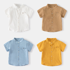 Fashionable monochrome stand-up collar boys' outdoor sports short-sleeved soft-processed cotton skin-friendly small and medium-sized boys' shirts