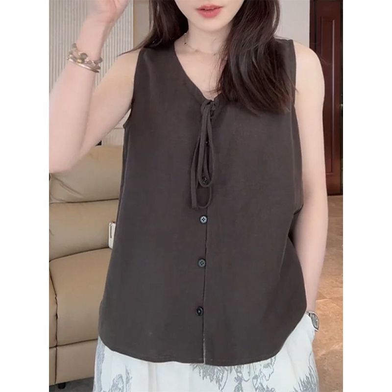 法式复古时尚松弛感绑带无袖背心女夏季简约百搭休闲V领宽松上衣|undefined