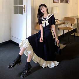 法式甜美减龄海军领学院风洋装夏装大尺码胖遮肚显瘦罗莉塔长裙