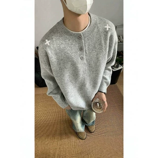 灰色美式亨利领毛衣男款冬季高级感慵懒风打底针织衫cleanfit外套