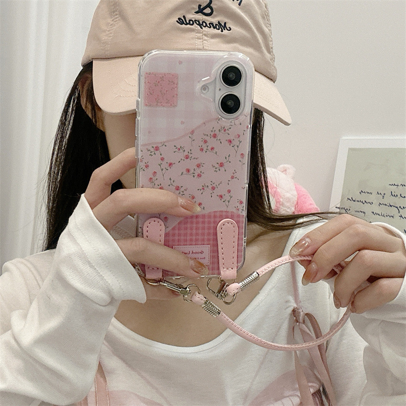 Pins wind girl rosado costura a cuadros para iPhone16 pequeño cordón floral de manzana 15ProMax 14/13