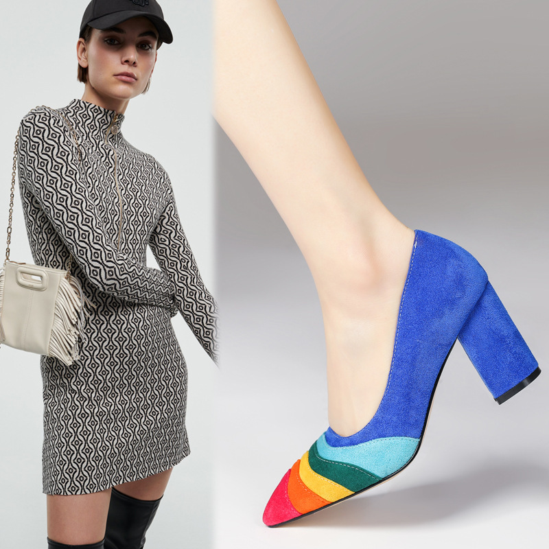 Cross-Border fashion new rainbow color shallow mouth chunky heel single-layer shoes sexy women's fashion plus size high heel red wedding shoes