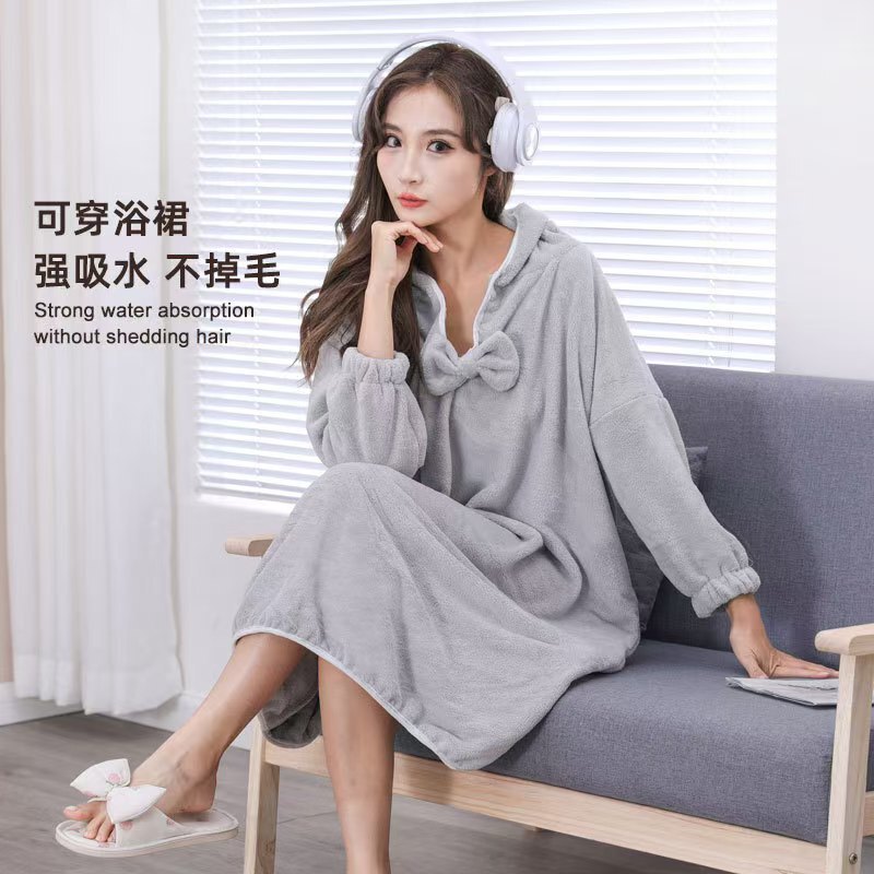 Bath Skirt Bathrobe for Women Adult Summer Wearable Bath Towel with Hood Long Sleeves Absorbent Thickened Quick-Drying Bathrobe for Bathing
