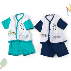 Children's and Youth Color Block Cartoon Short Sleeve Open Jacket T-Shirts, Summer Pure Cotton Printed Baby Clothing Set of Two, Wholesale