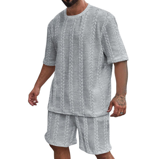 Europe and America 24 Amazon Knitted Solid Color Jacquard Summer Casual Crewneck Pullover Short Sleeve Shorts Sports Men's suit