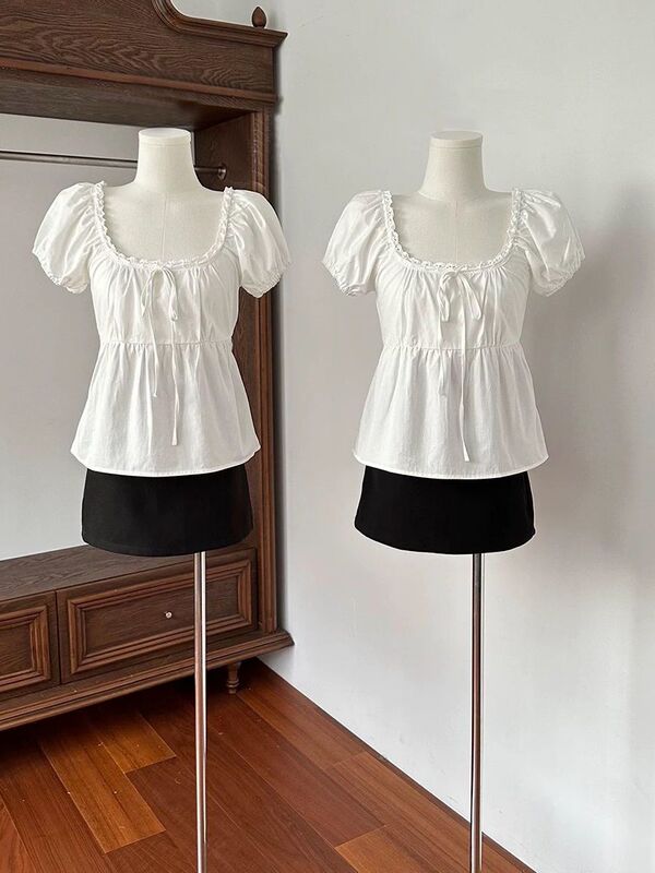 Gentle French Sweet Temperament Age-Reducing Puff Sleeve Bow Tie Shirt Summer New Waist-Cinching Short Top