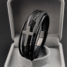 跨境热卖批发饰品不锈钢金色十字架男士手链多层编织跨境黑色手镯