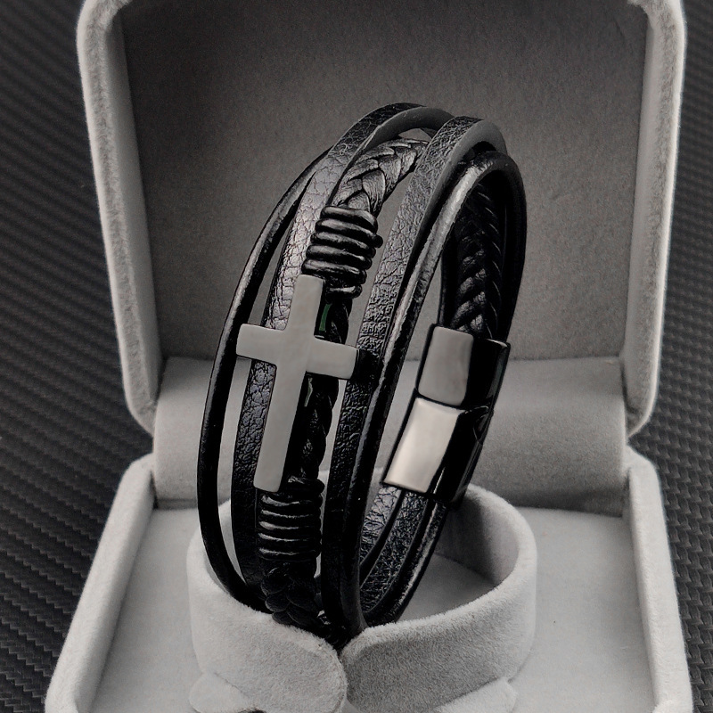 Cross-border Hot Sale Wholesale Jewelry Stainless Steel Golden Cross Men's Bracelet Multi-layer Woven Cross-border Black Bracelet