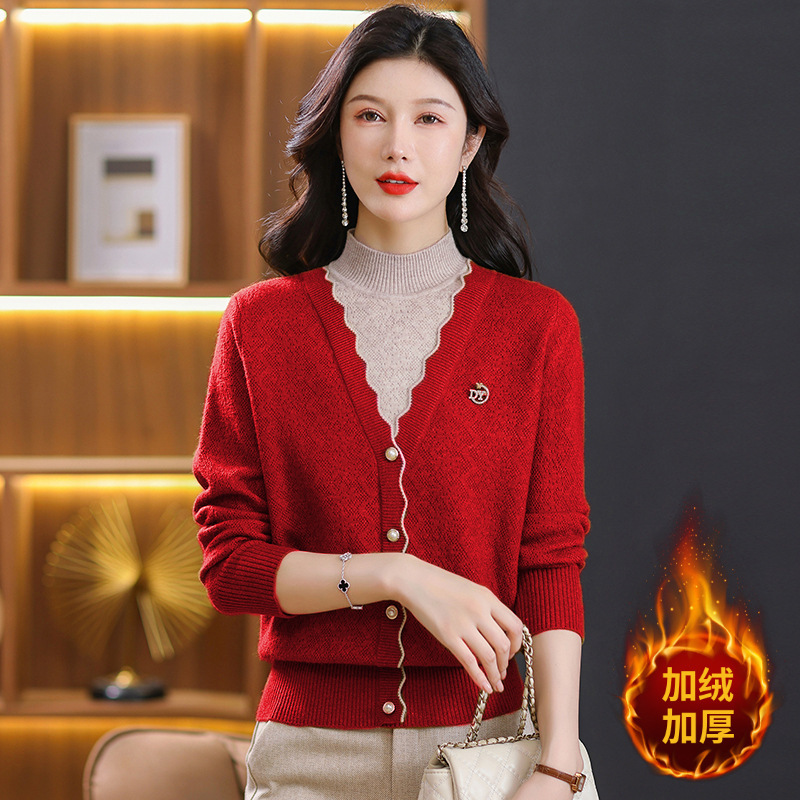 2024 새로운 봄웨어 얇은 슬리밍 여성용 가짜 2 종 중년 어머니 스웨터 느슨한 풀오버 니트 스웨터