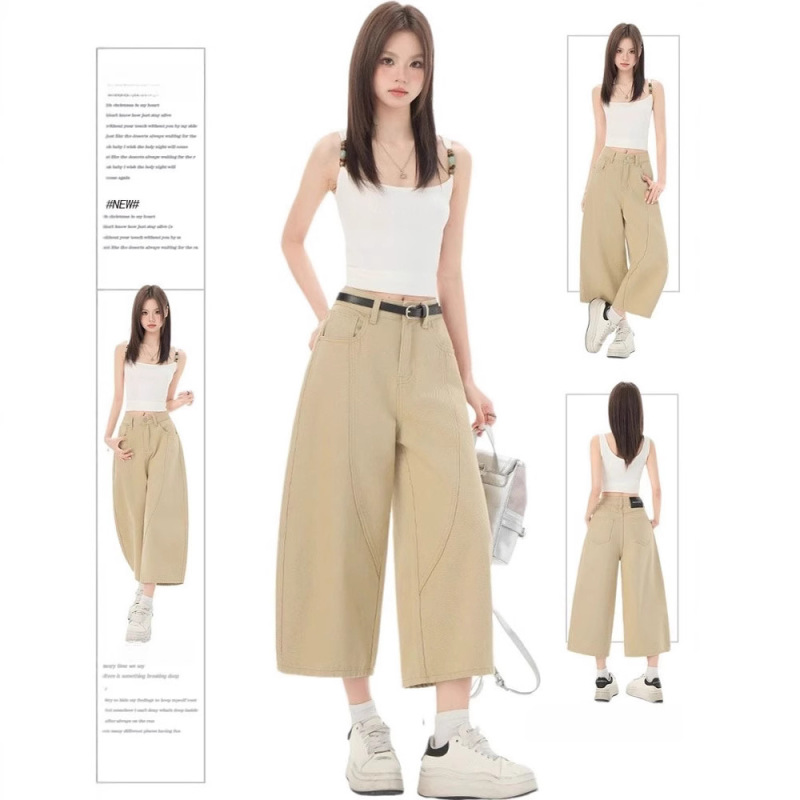 Plus-Size Khaki Wide-Leg Cropped Denim Shorts for Women, Summer Design for Curvy Figures, Straight-Leg Cropped Shorts
