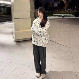 甜美可爱猫咪印花卫衣开衫女秋季长袖宽松外套慵懒风拉链连帽上衣