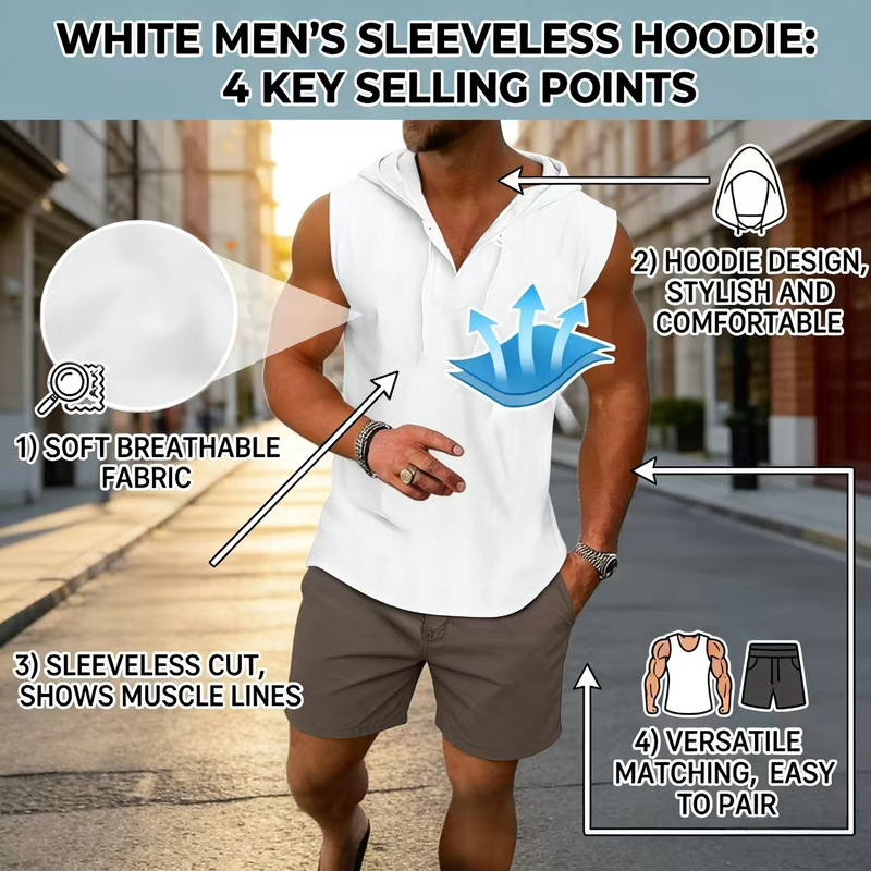 New Cross-Border European and American Men's Summer Hooded Vest Pullover Sweatshirt Sports Thin Sleeveless Button-Up Top New Cross-Border European and American Men's Summer Hooded Vest Pullover Sweatshirt Sports Thin Sleeveless Button-Up Top