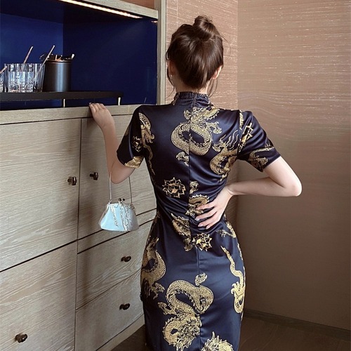 Chinese dragon pattern qipao oriental style printed cheongsam slim waist short-sleeved nightclub mini dress