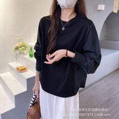 琪镌绘制季新款简约韩版纯色圆领T恤女休闲百搭宽松打底上衣1063