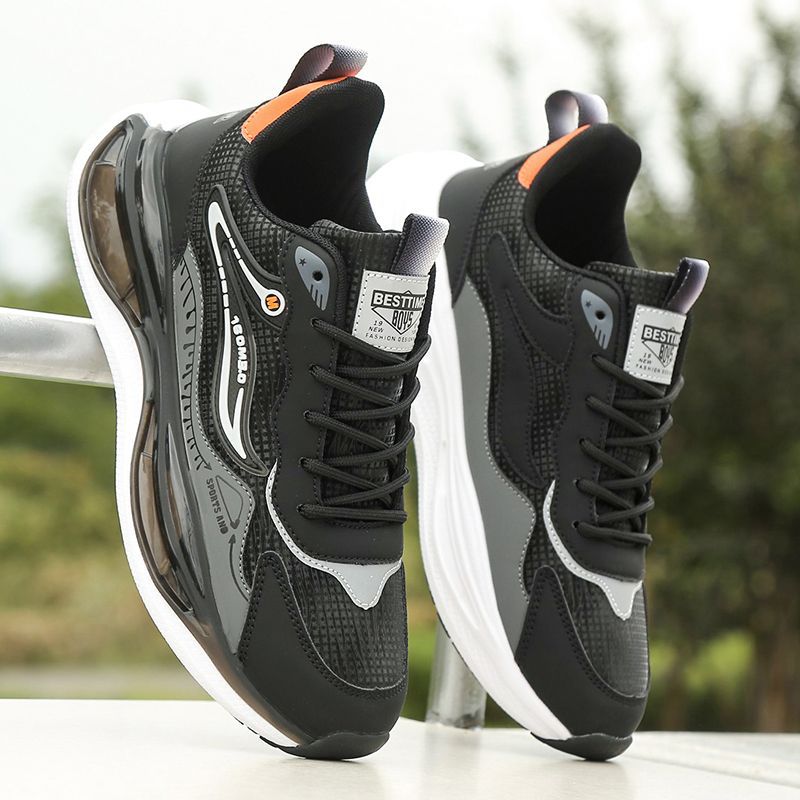 秋季新款男鞋皮面防水减震弹力跑鞋轻便软底运动鞋时尚潮流休闲鞋