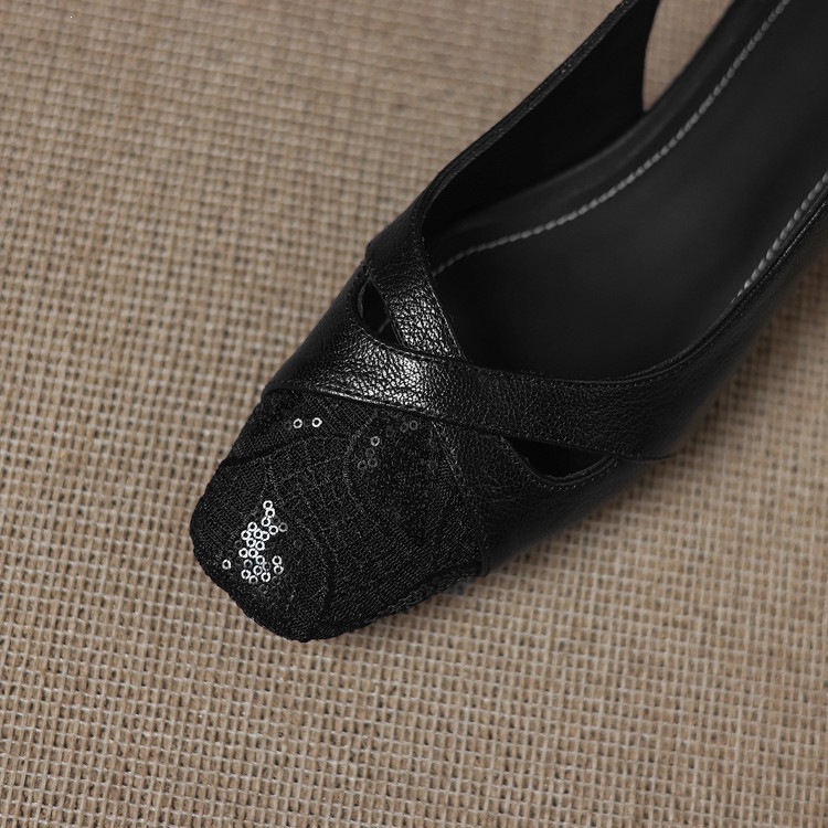 Sandal cao gót nữ hở mũi da cừu lưới phối màu quai ngang khóa — màu đen, màu trắng ngà chi tiết 84