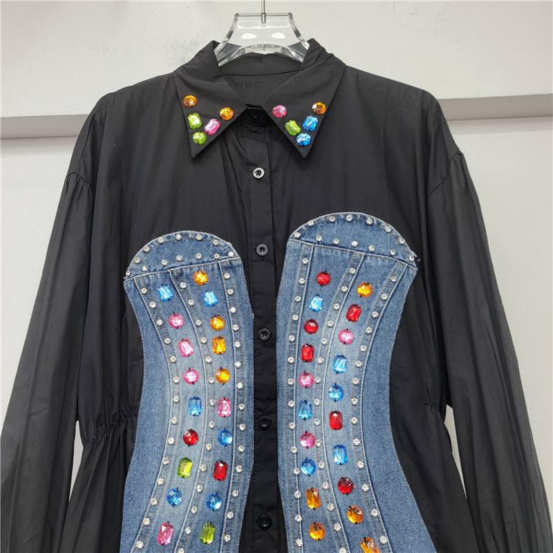 Diseño de manga larga empalmada camisa vaquero de cintura baja mujer 2026 nueva camisa delgada y de moda