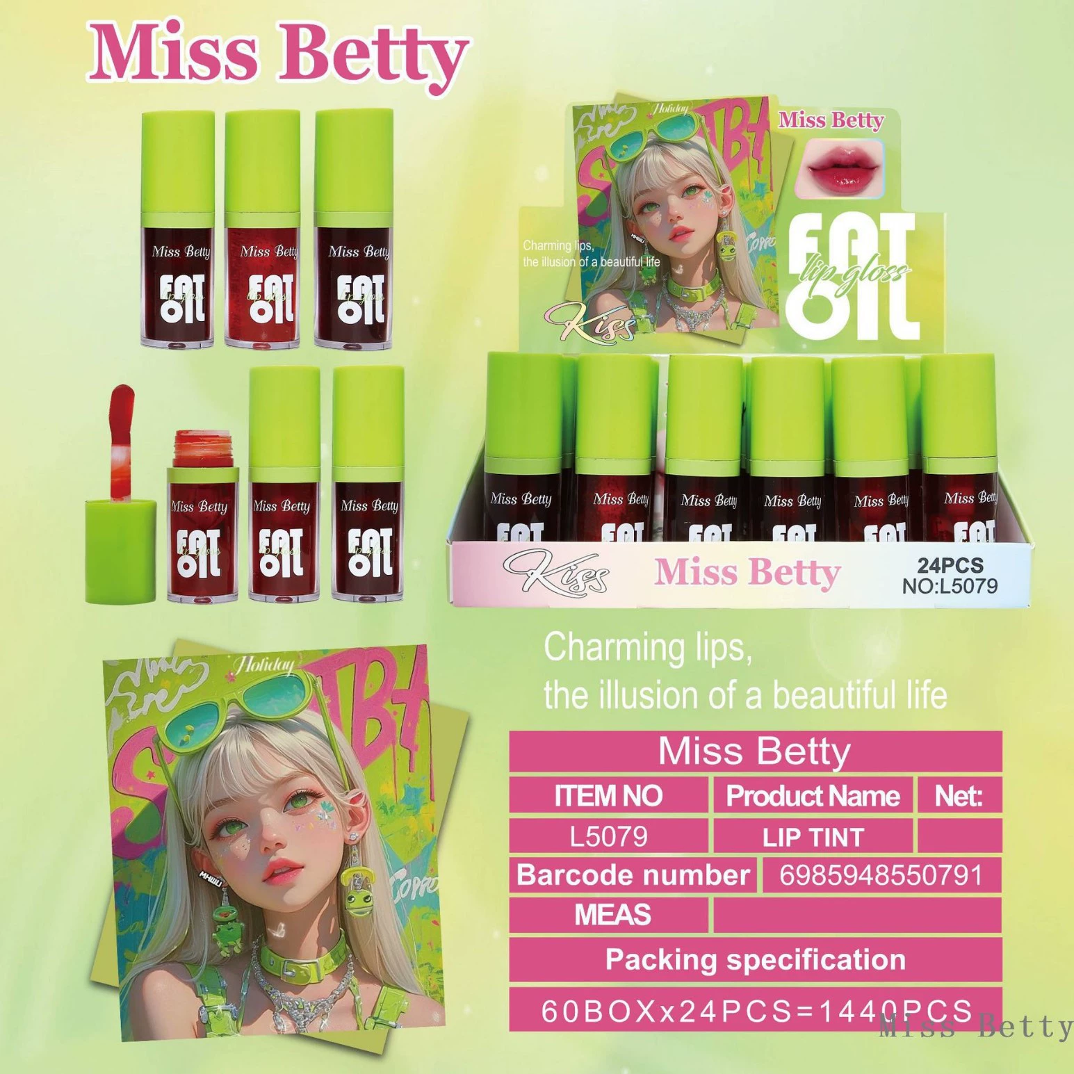 Miss Betty Cartoon увлажняющая мини-помада, блестящий стеклянный блеск для губ, зеркальный эффект