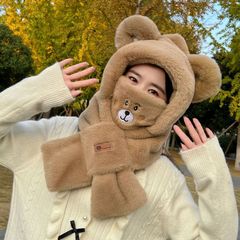 帽子とスカーフ一体型の女性用豪華な帽子、冬のサイクリング用防風フェイスカバー、漫画のクマのキュートで暖かい帽子
