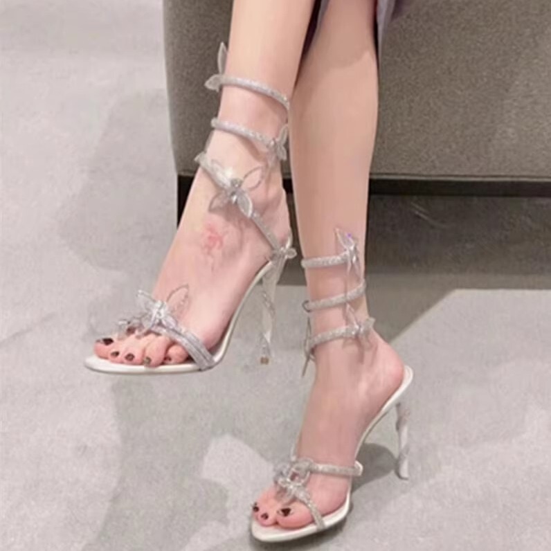 Rhinestone Snake-wound Sandals Women's White 2024 Summer New Arrival Fashionable Crystal High Heels with Stiletto Heels