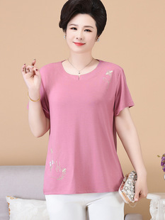 Mom Summer Short-sleeved T-shirt Women's Modal Fashionable Small Shirt Middle-aged and Elderly Embroidered Western Style Loose Half-sleeved Thin Top