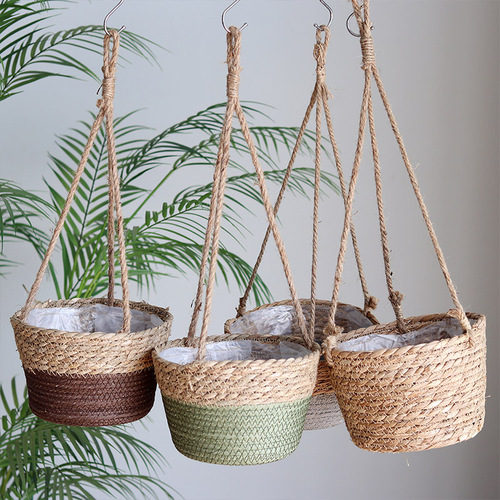 Creative Nordic style rattan flower basket hanging basket hanging pot pothos flower pot hemp rope hanging wall hanging straw decorative basket