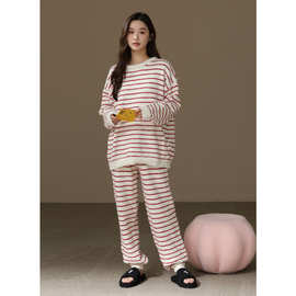 【半边绒】软糯条纹睡衣女秋冬季加厚保暖珊瑚绒可外穿家居服套装