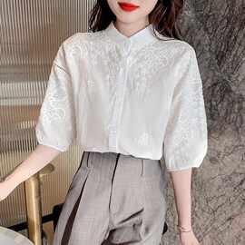 白色中袖t恤蕾丝衬衫女上衣七分袖打底衫2022年夏季新款勾花镂空