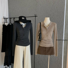 WGWE2025秋冬亨利衫韩系穿搭上衣女内搭纽扣打底针织衫女装W7704