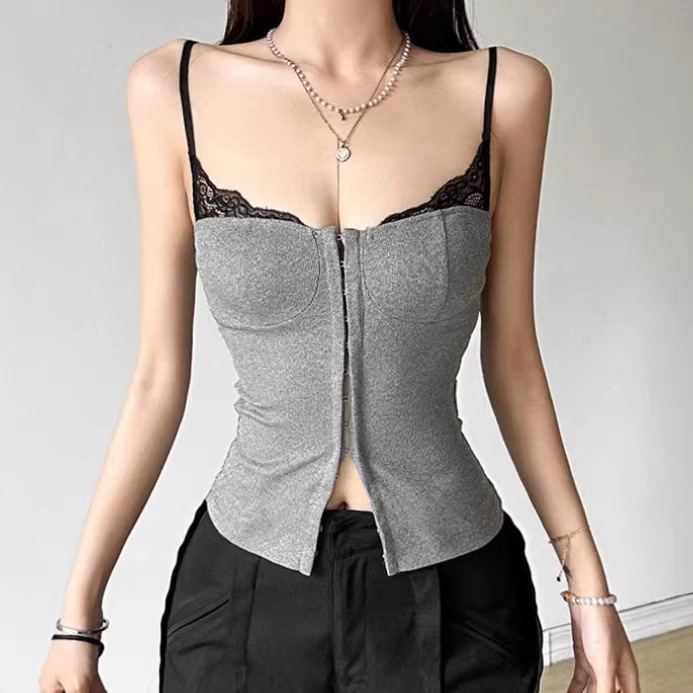 American-Style Design Gray Patchwork Camisole for Women, New Summer Slim-Fit Inner Wear, Trendy Niche Top