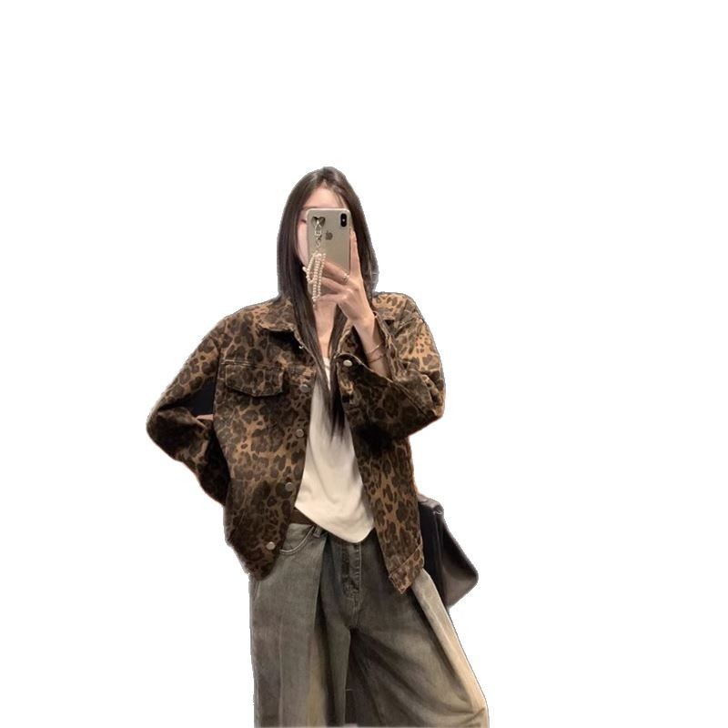 アメリカのレトロファッションヒョウ柄長袖デニムジャケット|undefined