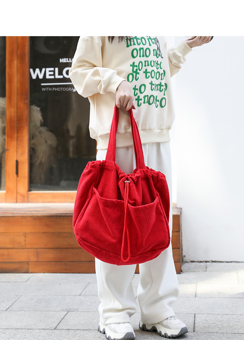 Japanese Style Vintage Corduroy Handbag ins Canvas Large Capacity Underarm Bag Internet Popular Fashionable Drawstring Shoulder Bag for Women_voghion.com