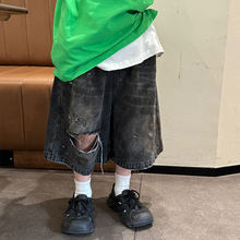 以鸿制衣男童牛仔短裤2025夏季童装新款儿童磨破刷旧中裤薄款裤子