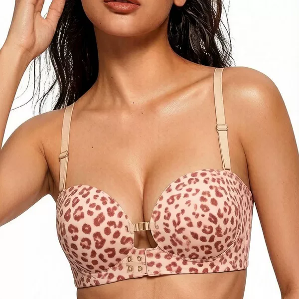 Popular European and American cross-border women's lingerie: leopard print deep V push-up seamless front-clasp strapless backless bra for Amazon