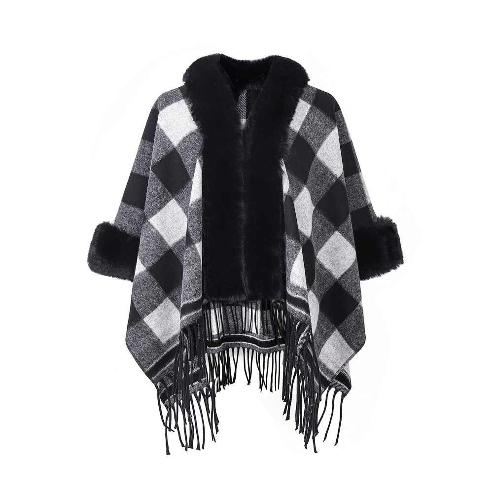 European And American Autumn And Winter New Fur Collar Black And White Plaid Tassel Shawl