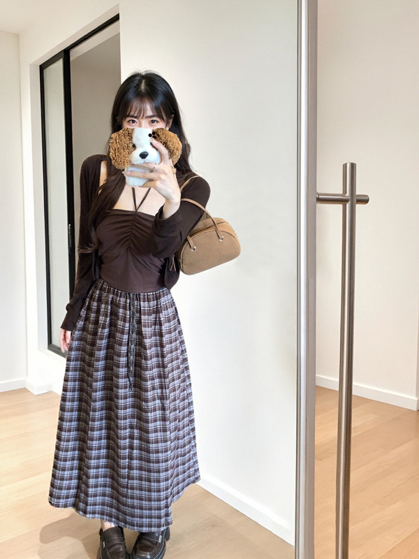 松紧腰格纹A字裙女2025秋季新款高腰抽绳百搭显瘦休闲抽绳半身裙|undefined